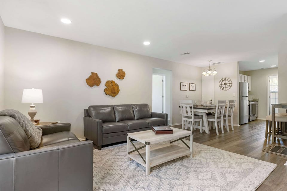 Open living, dining space