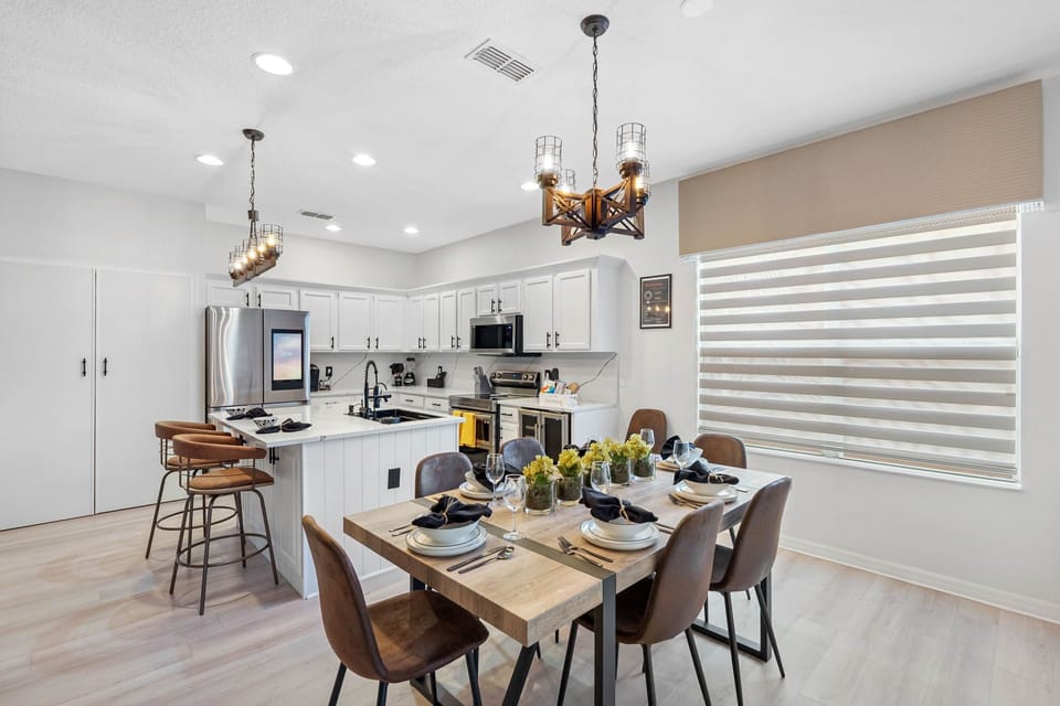 The dining area and kitchen are nearby each other