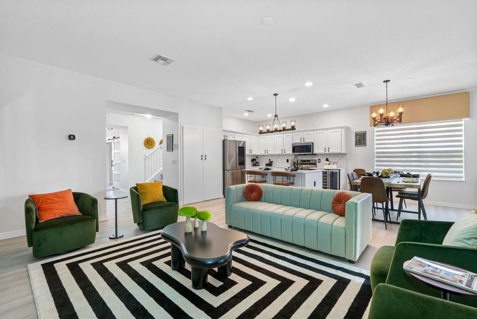 View of the dining and kitchen from the living room