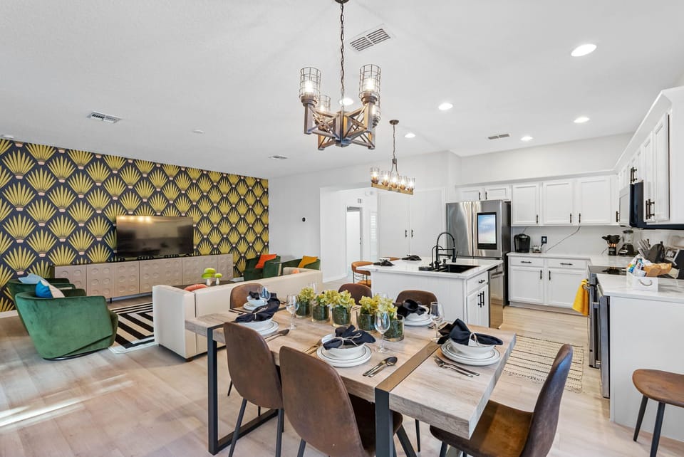 View of the kitchen and living room from the dining area