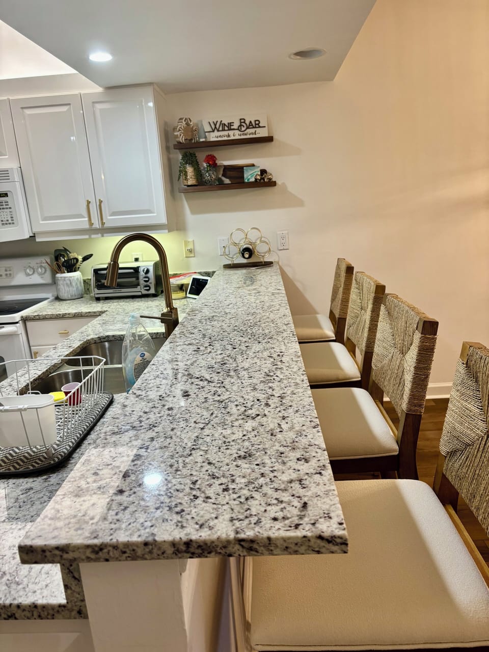 New granite and comfortable new bar stools!