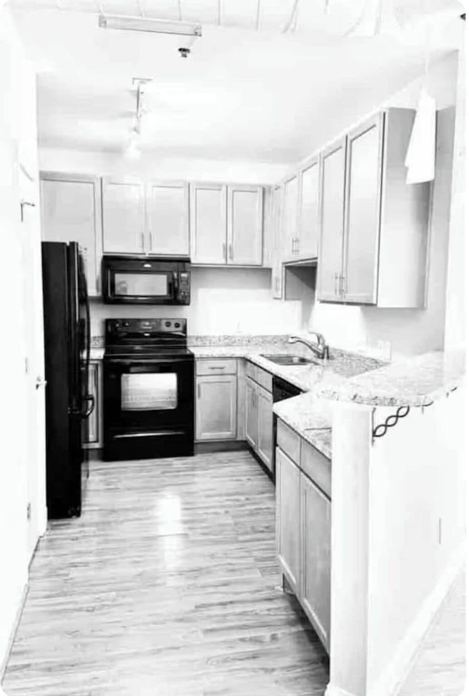 Large kitchen 
Food disposal, ice maker 
Dishes, wine glasses plus more !