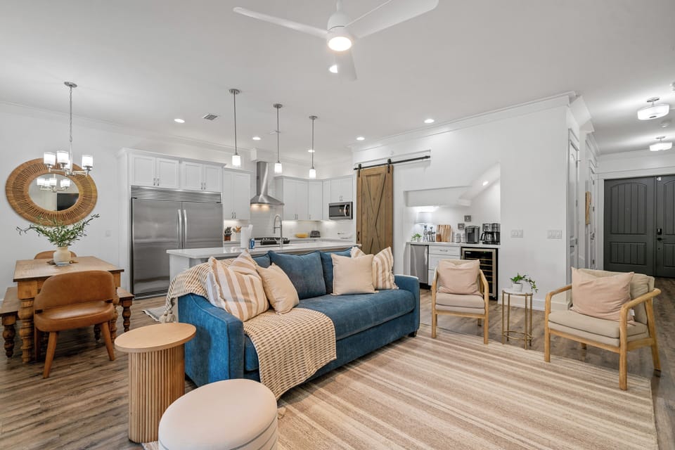 Lounge on the comfortable couch or enjoy the conversational pieces.