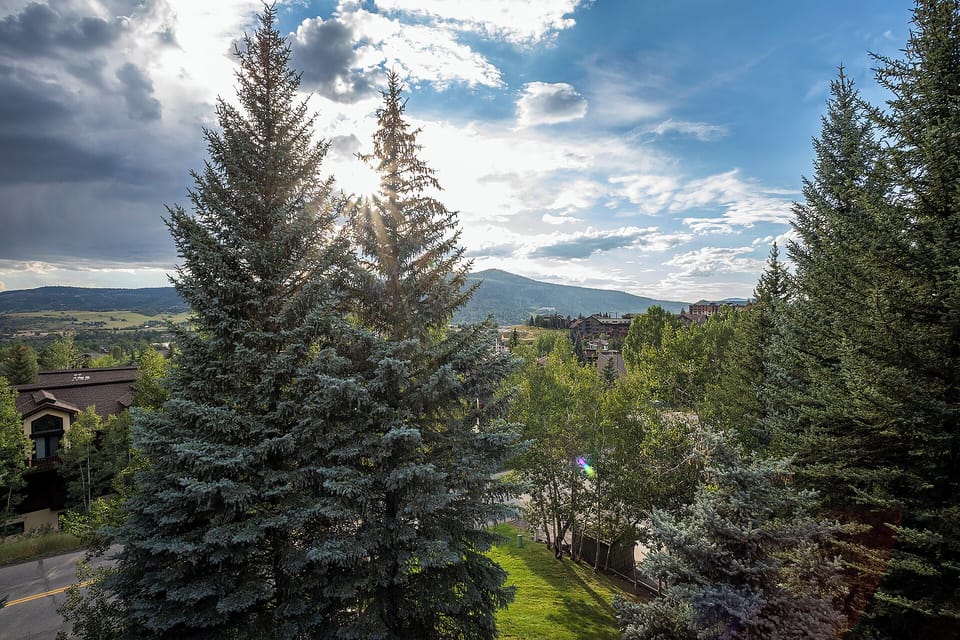 Stunning mountain views frame this peaceful retreat surrounded by towering evergreens and rolling hills.