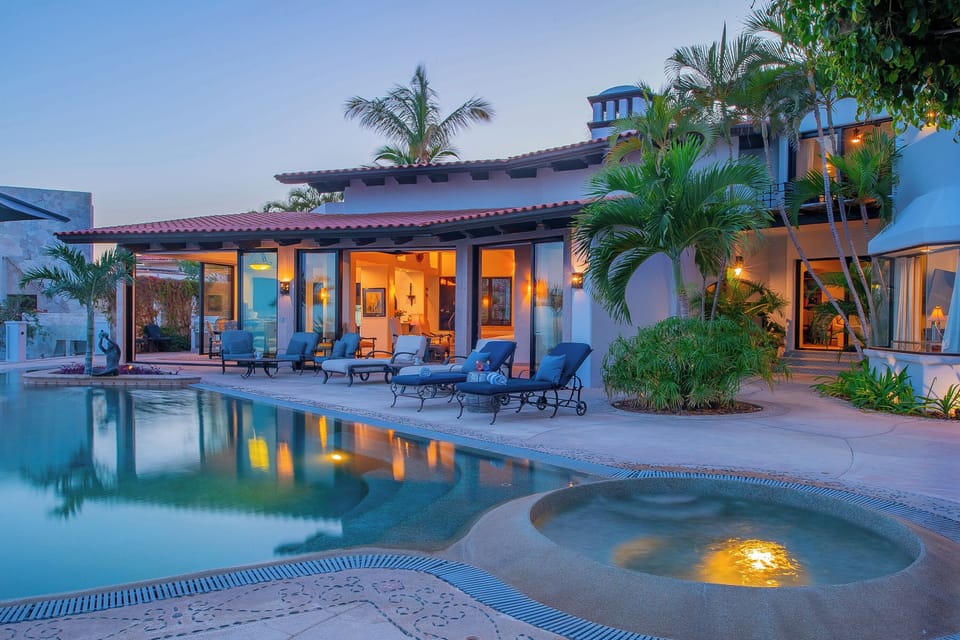 Poolside view of villa exterior