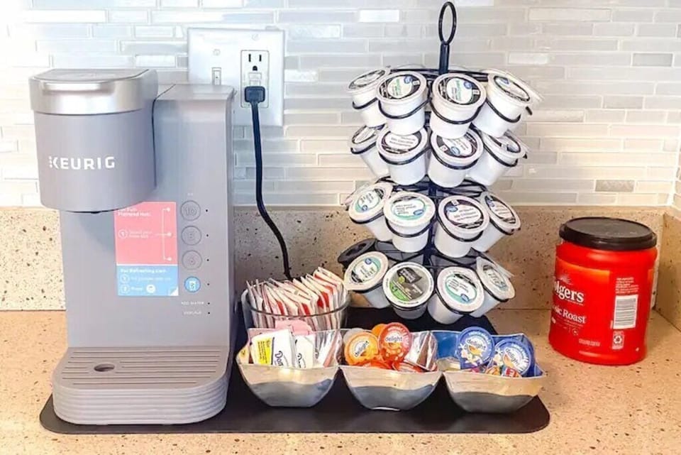 Keurig, K-Cups, Ground Coffee with Creamer, and Tea.