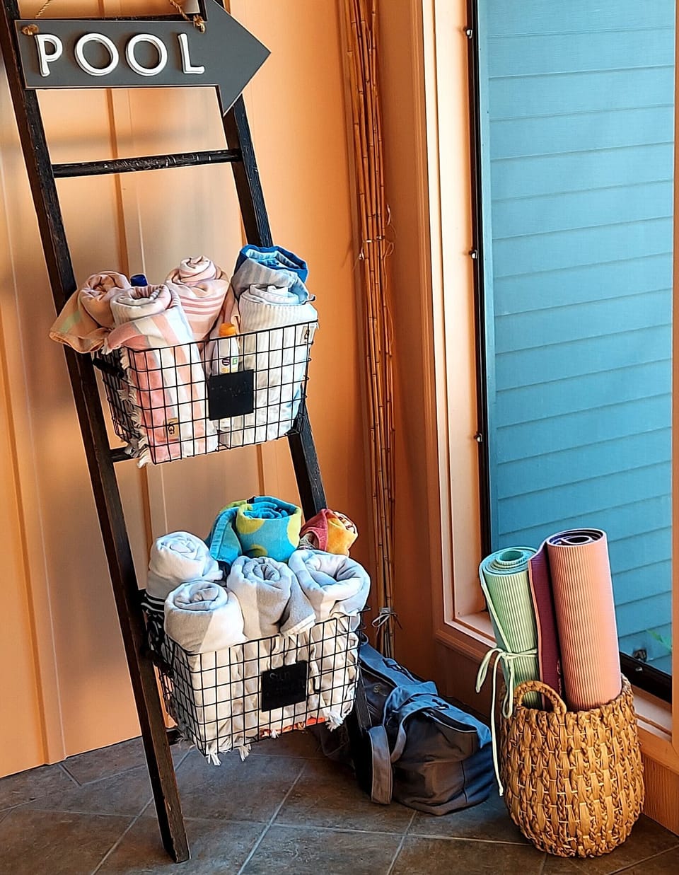 Beach towels and yoga mats for added amenities.