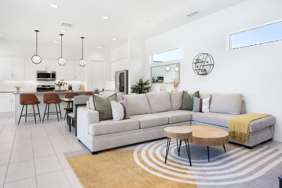Open living room connects everyone throughout the day and evening.
