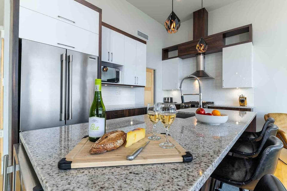 Stylish kitchen, mountain view.