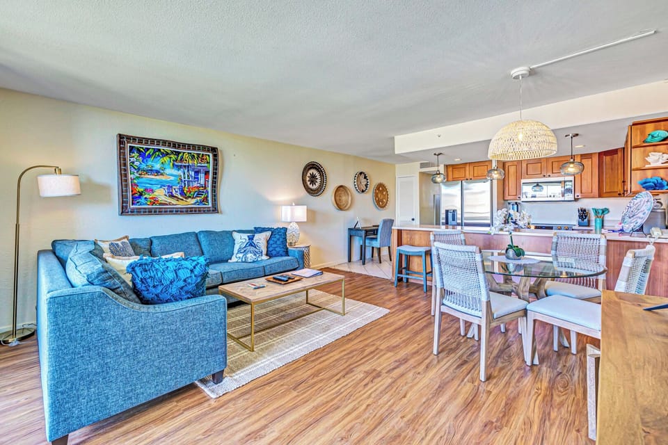 Spacious living and dining areas at Kaanapali Shores 746 invite you to relax, dine, and unwind.