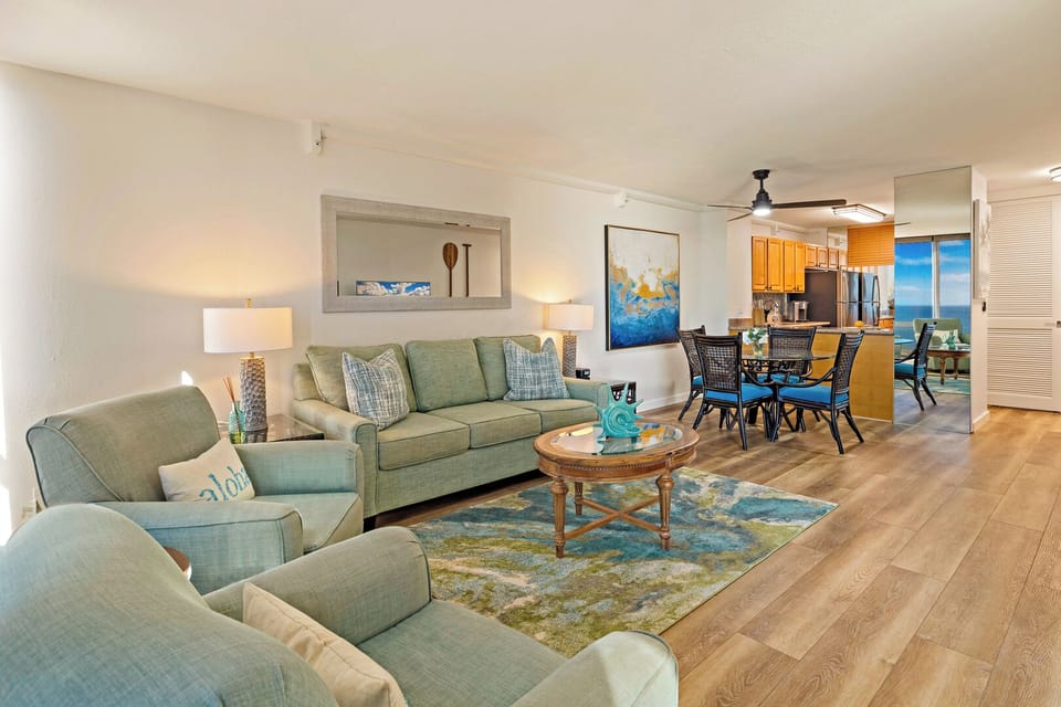 Relax in Mahana 718’s comfy living area, the perfect retreat after a day at the beach.