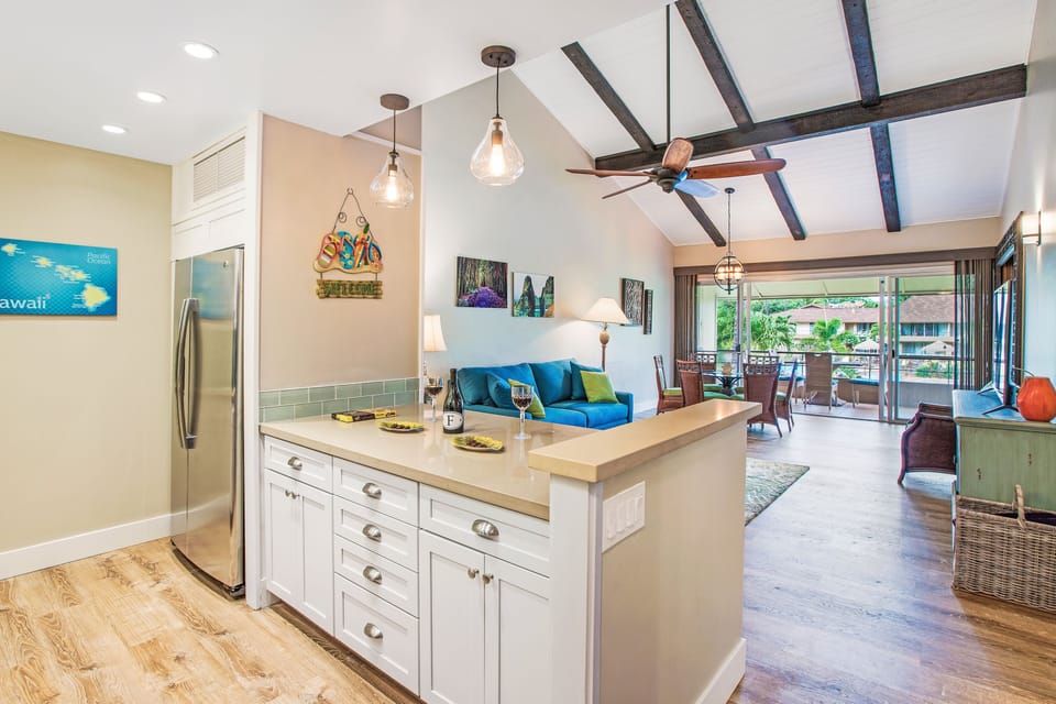 The kitchen at Maui Kaanapali Villas 292 blends island charm with function and modern flair.