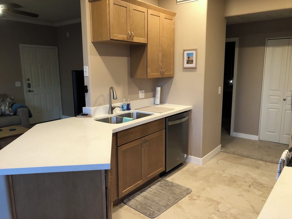 Kitchen with sink, dishwasher and open counterspace looking into living room