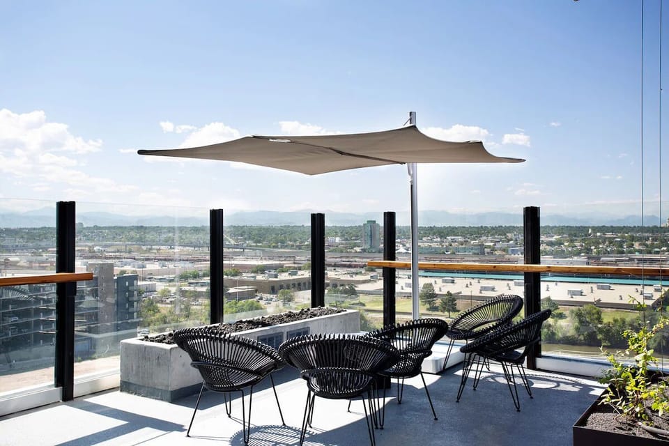 Soak up sweeping skyline views from the breezy rooftop lounge.