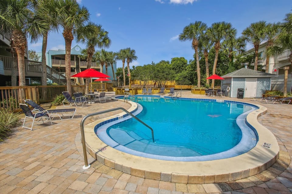 - Dive into the sparkling outdoor pool surrounded by tall palm trees and sunny skies  
- Relax on loungers with colorful umbrellas for the perfect afternoon escape  
- Enjoy refreshing swims just steps from your vacation rental