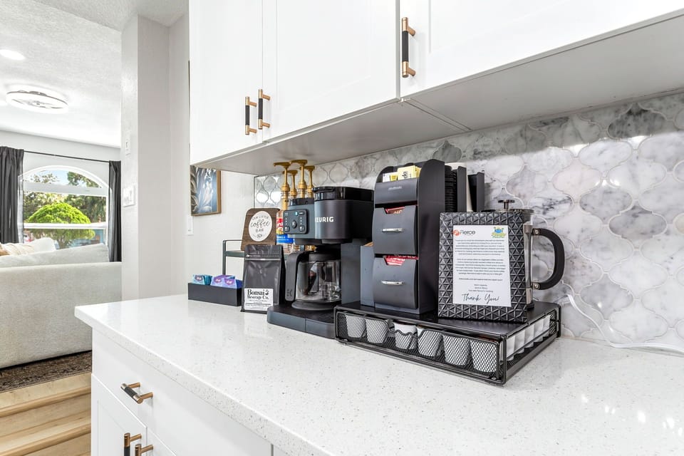 Coffee Station: Keurig Duo, French Press, Bonzi Coffee, tea, syrups & hot cocoa.