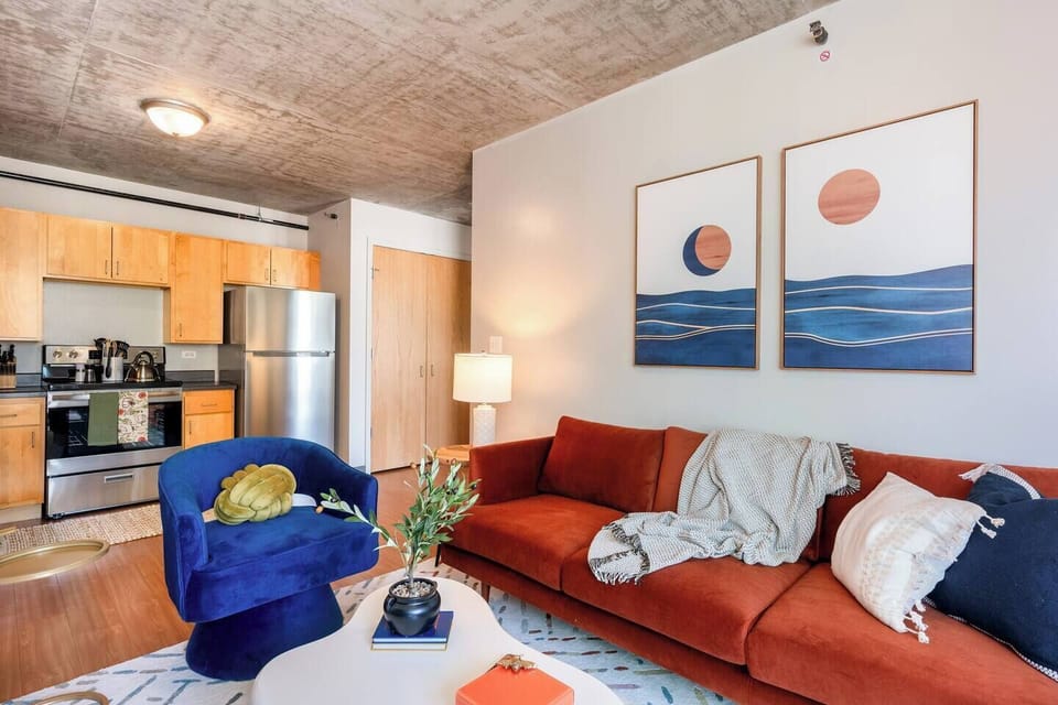 Modern, cozy living space with an open kitchen, stylish décor, and everything you need to feel right at home