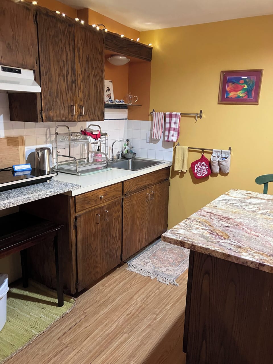 Mid-century kitchen with island with 2 chairs