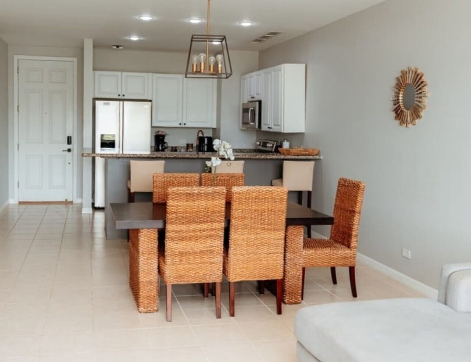 Inviting dining table next to the kitchen.