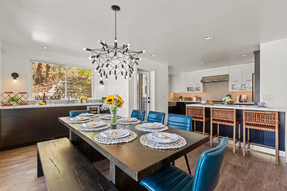 Wood dining table with chair and bench seating for up to 9