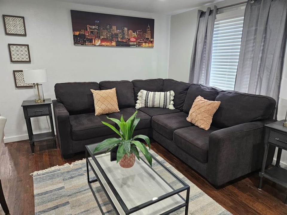 Apt 1 Living Room:  It has a spacious living room with a large sofa.