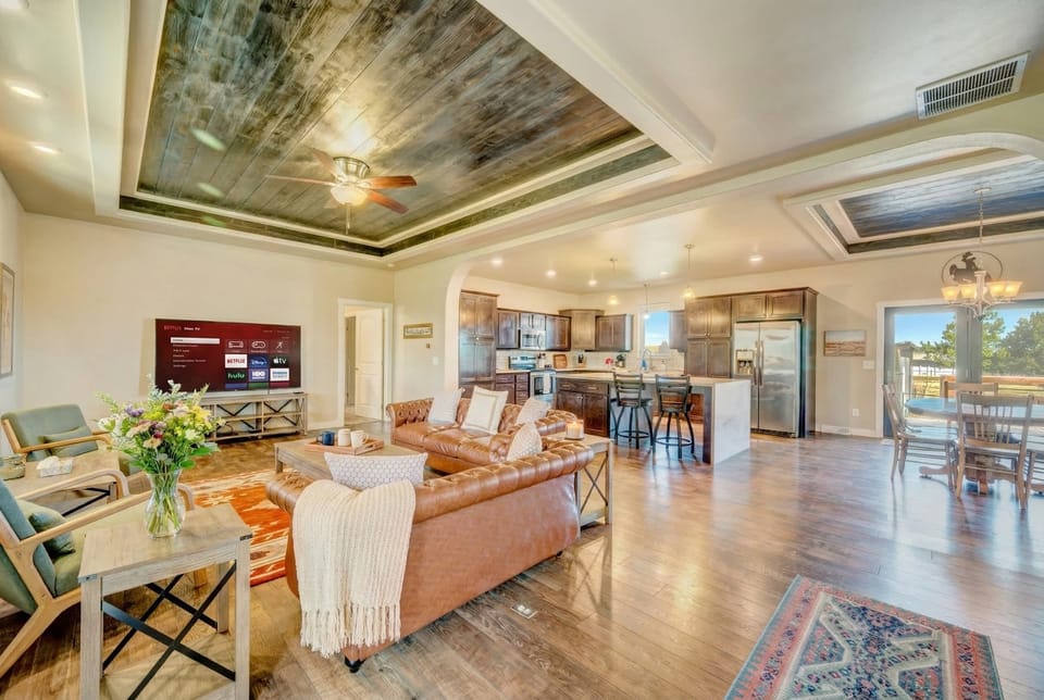 Open layout invites easy movement between seating and dining areas.