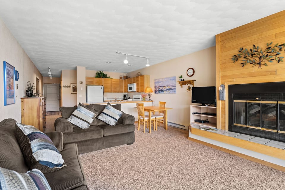 Living room featuring a queen size sleeper sofa, TV, and wood burning fireplace.