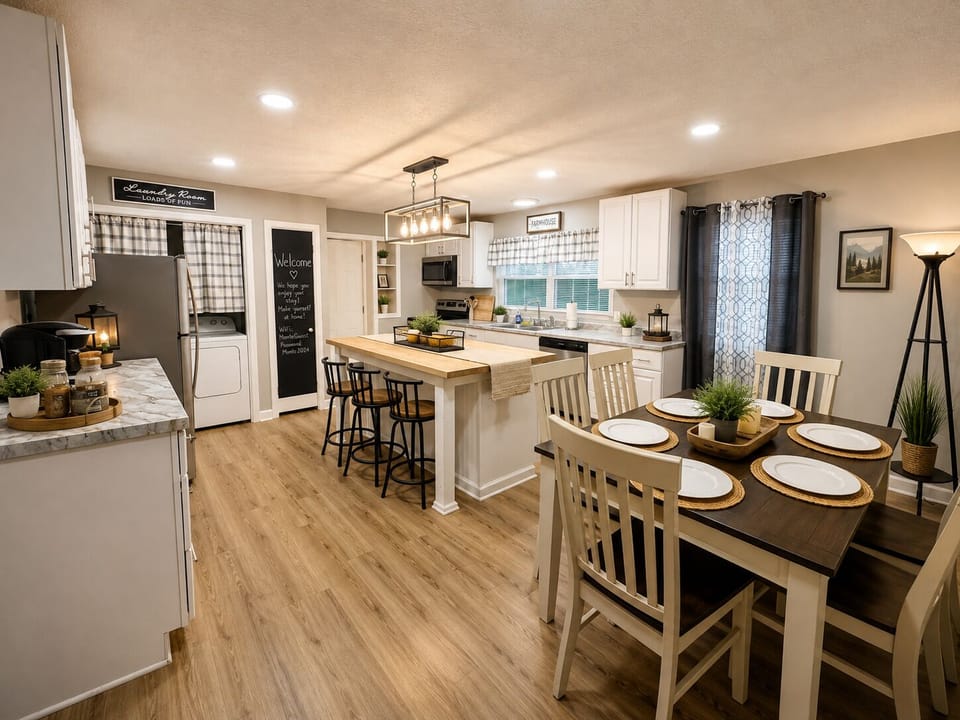 Full kitchen and dining space make family meals easy while traveling.