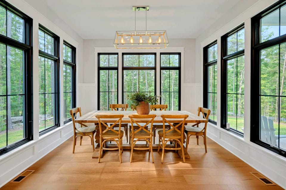 Dining area with large Restoration Hardware dining table!