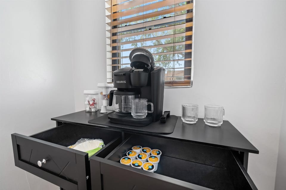 Make yourself a cup of coffee to enjoy on the patio.