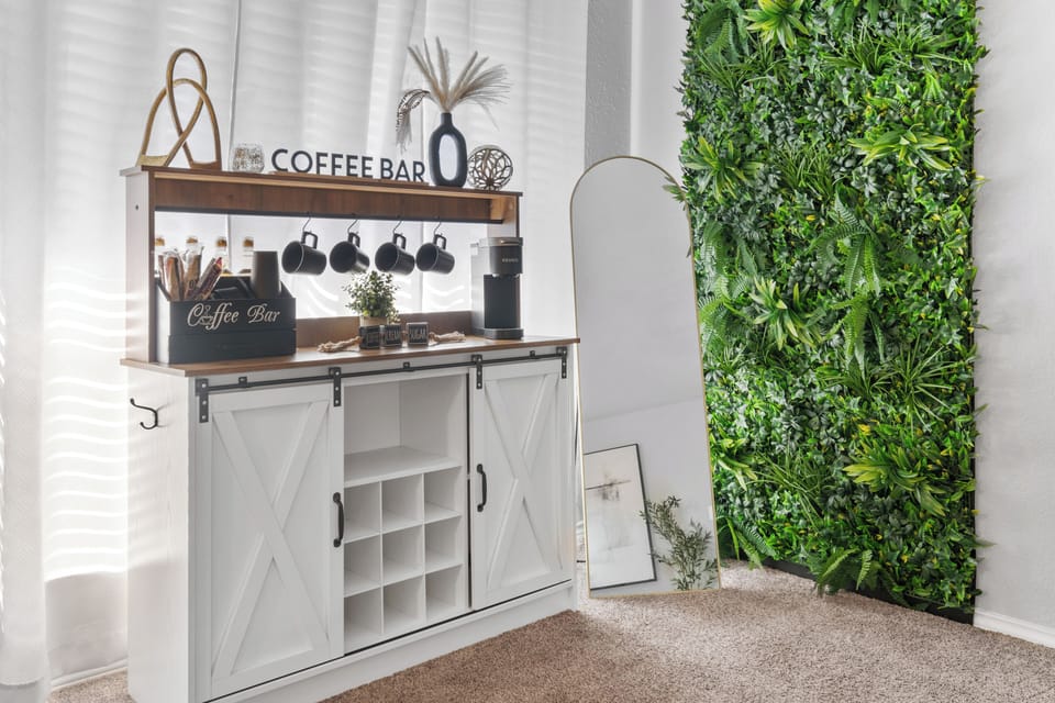 Fully stocked coffee bar in the living room!
