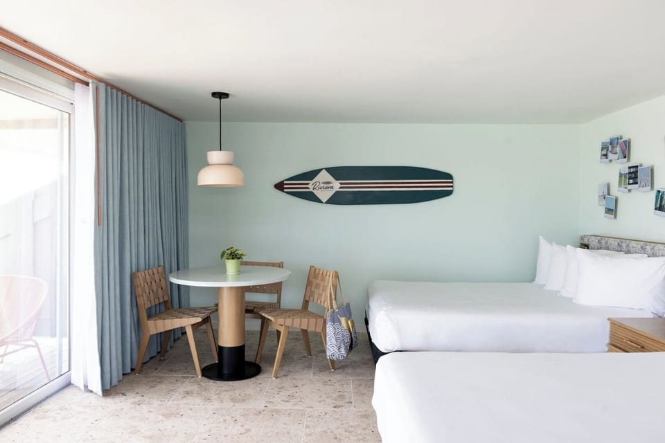 Unwind in a bright, airy room with surf-chic style