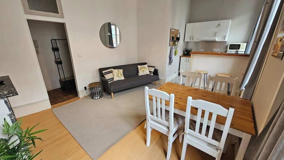 Salon ouvert sur la cuisine, avec canapé convertible pour une personne, télévision et table à manger pour quatre personnes.