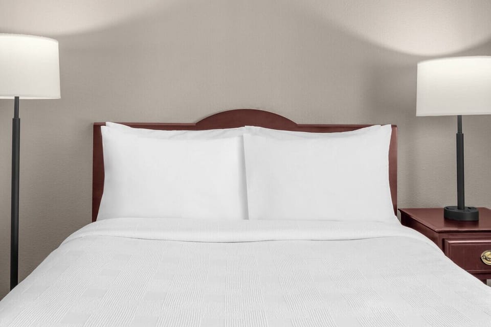 Drift off on crisp bedding framed by warm bedside lamps.