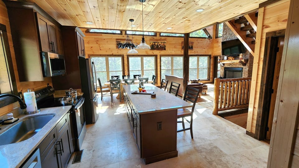 Large 8 foot kitchen island for easy food preparation and entertaining 