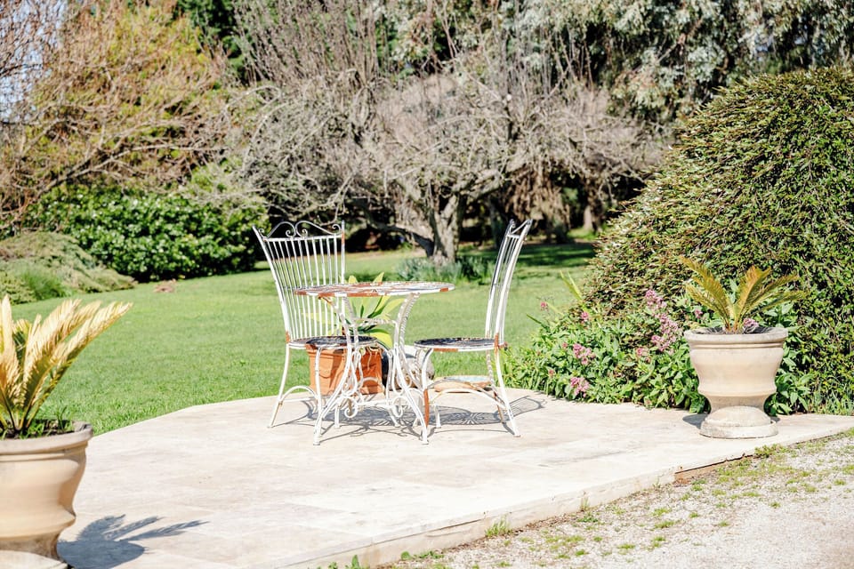 There are many beautiful areas to sit in the extensive garden