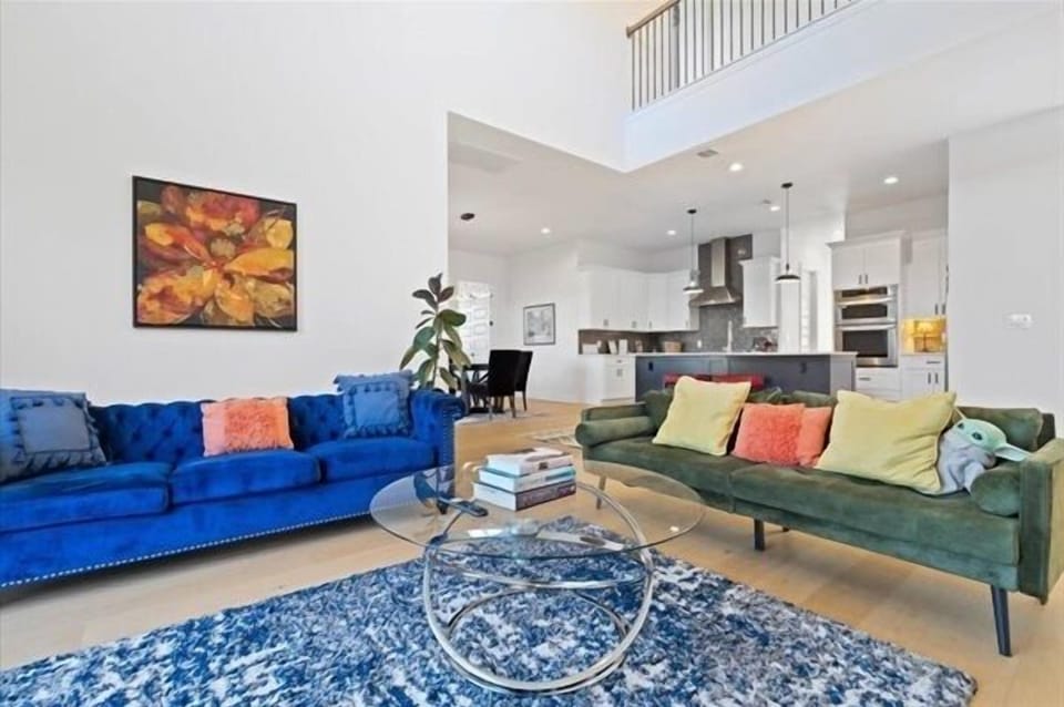 spacious living room with mountain view