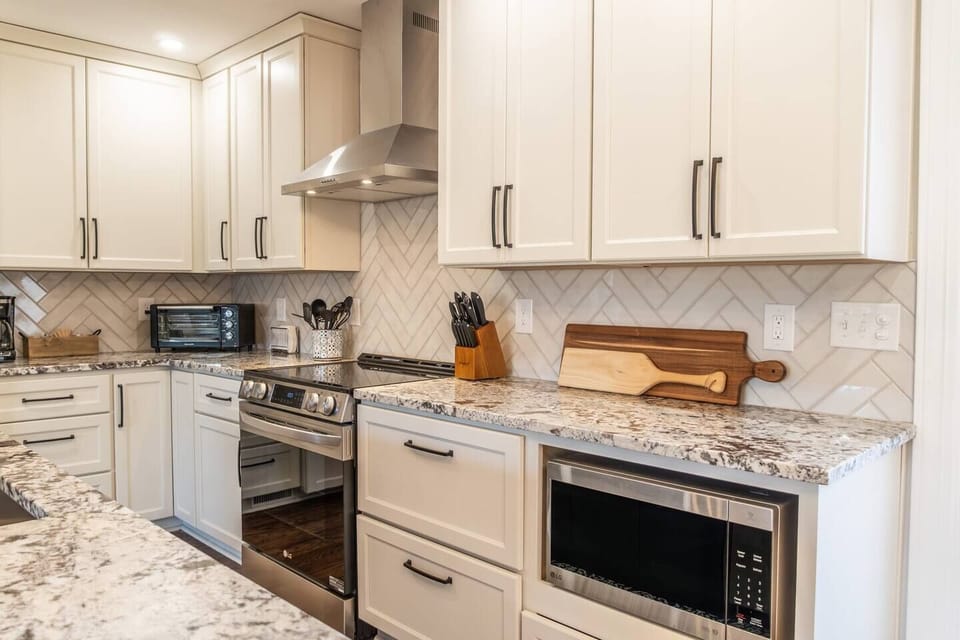 Our kitchen features a well-stocked array of utensils and equipment.