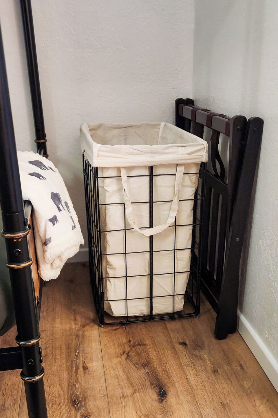 The bunkroom hamper and luggage rack.