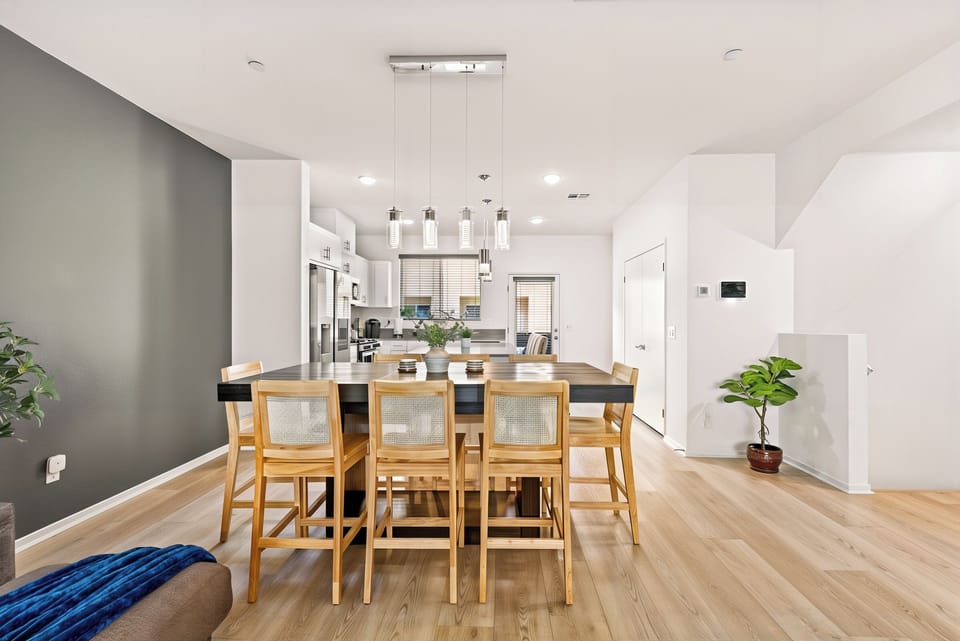 The dining room is a spacious and elegant space.