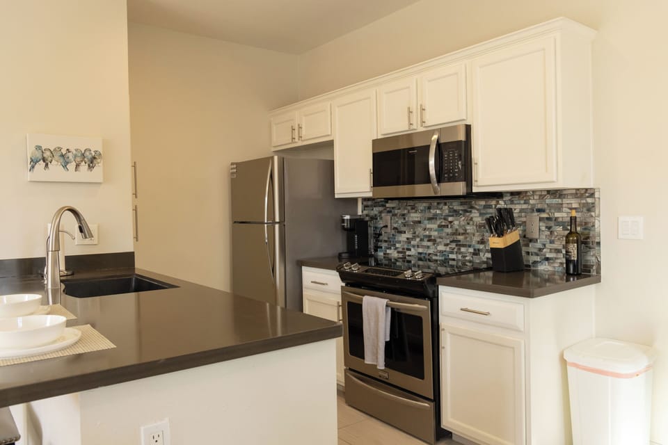 Full kitchen, well equipped for extended stays.