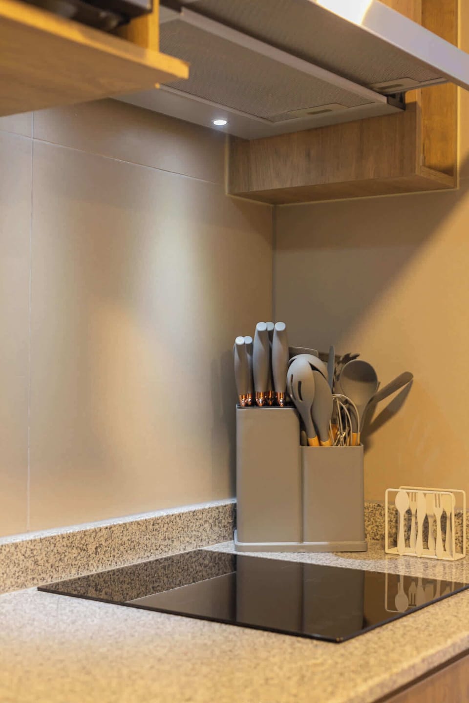 Modern kitchen with sleek induction cooktop and essential utensils, perfect for preparing meals in style.