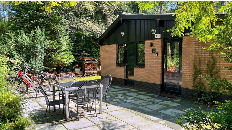 Achterzijde met tuintafel en plek voor fietsen.