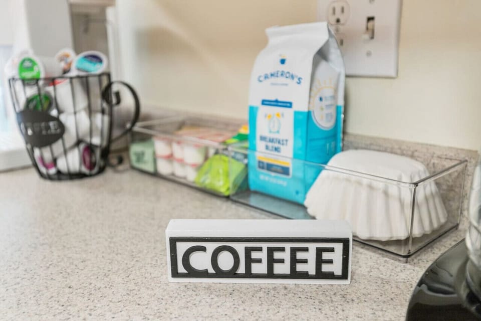 The coffee bar includes all the essentials for your morning brew including a 12 cup coffee maker and a Keurig.