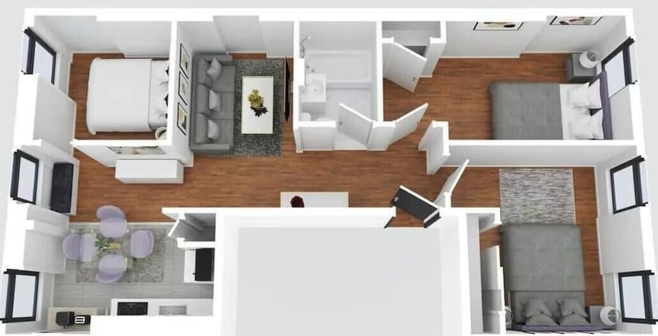 3D floor plan with two bedrooms, living room, kitchen, and bathroom.