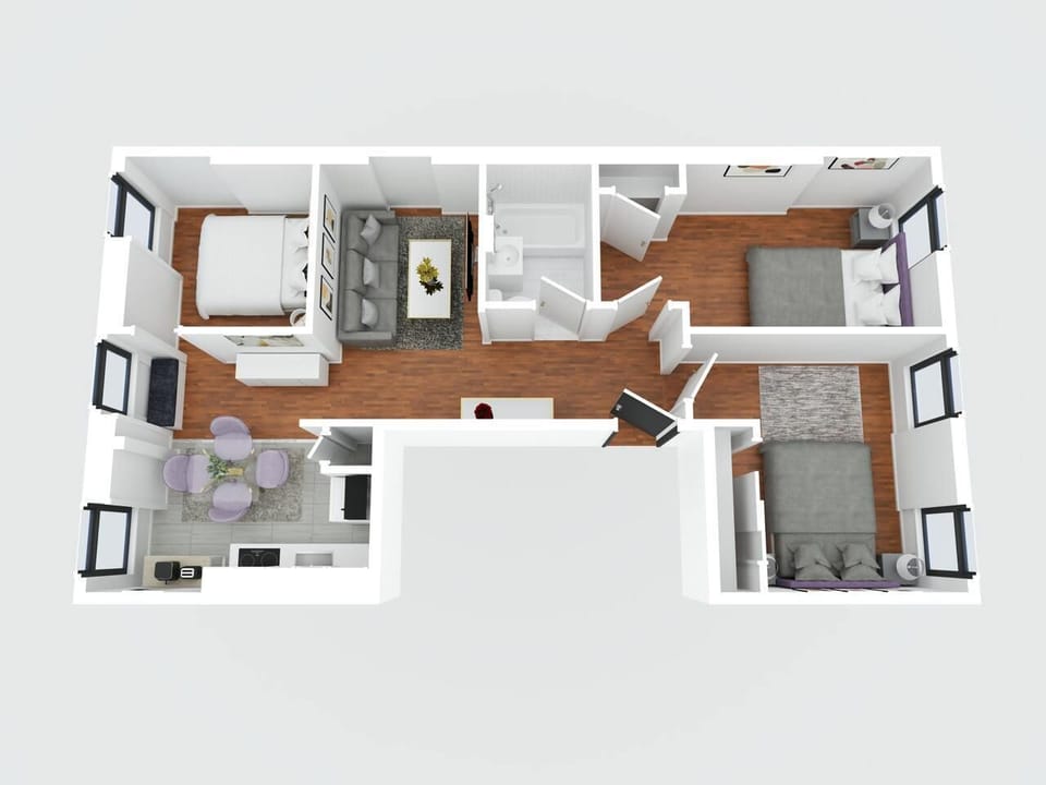 3D floor plan with two bedrooms, living room, kitchen, and bathroom.
