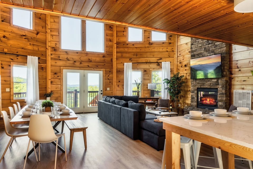Wide open living area, kitchen and dining room.