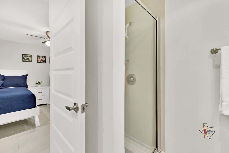 This bathroom has a stand-alone shower