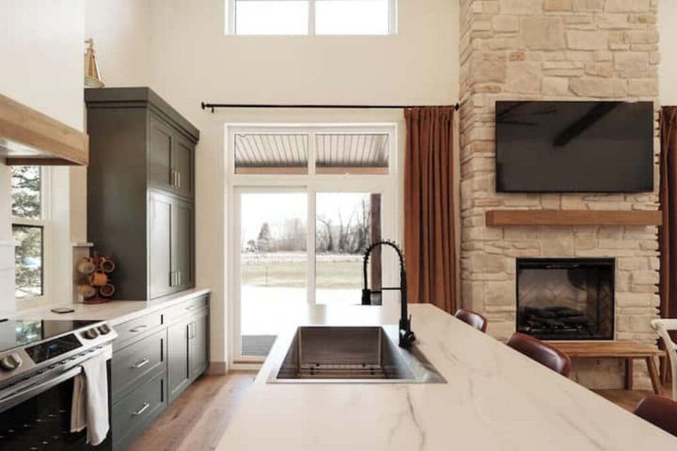 Kitchen Island and view of front pasture.
