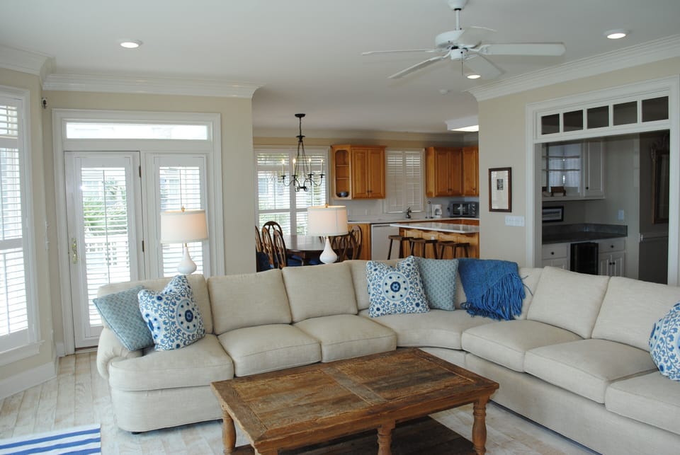 Livingroom towards dining and kitchen